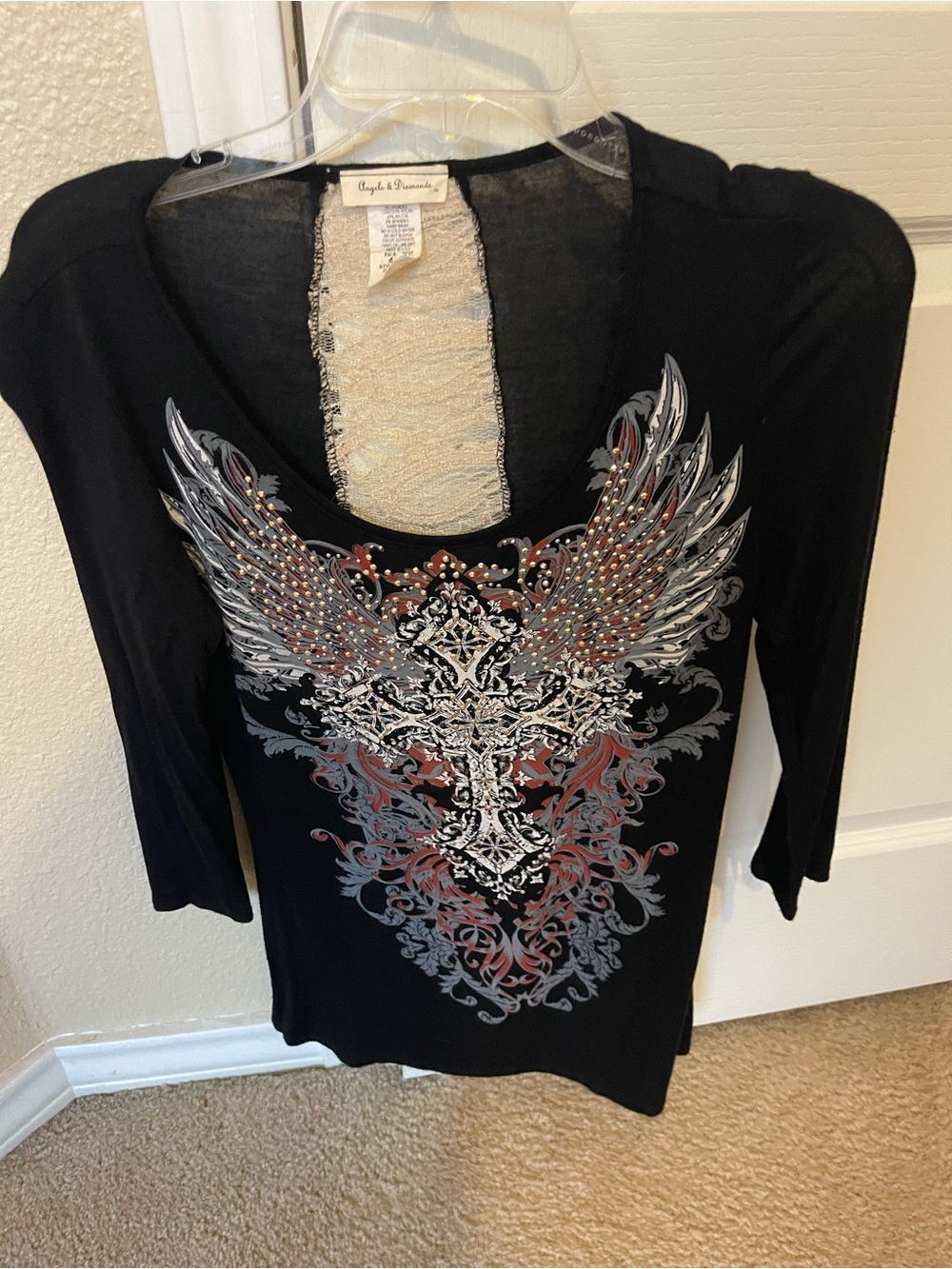 Angels & Diamonds Black Long Sleeve Winged Cross Top with Rhinestones